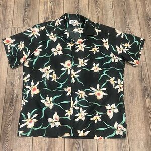 Vintage 90s Hilo Hattie Aloha Shirt XL Black Orchid Floral Made in Hawaii